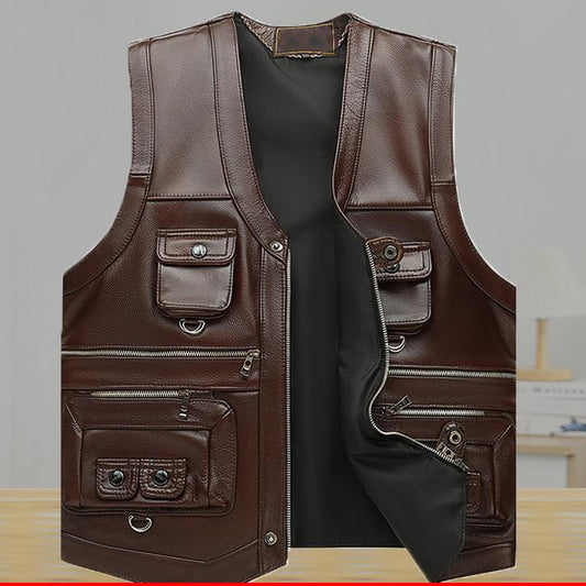 Fashionable men's leather outdoor warm vest