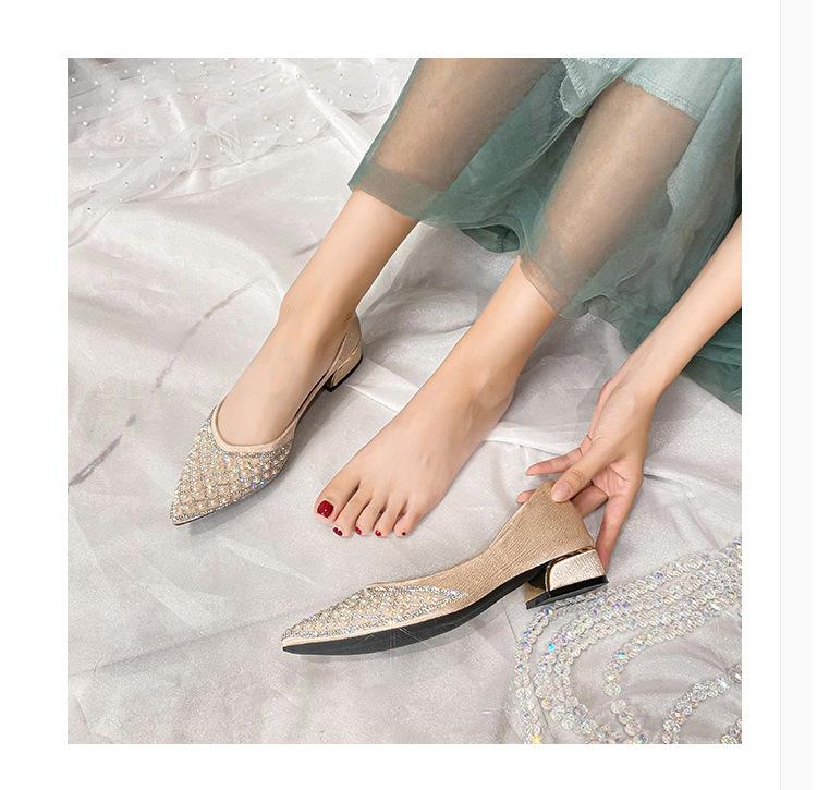 Pointed toe low heel all match pearl rhinestone shoes