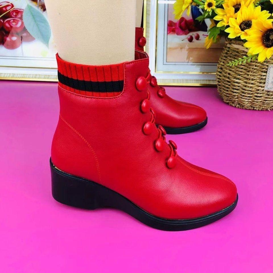 Christmas-Red Genuine Leather Non-slip Soft-soled Women's Boots