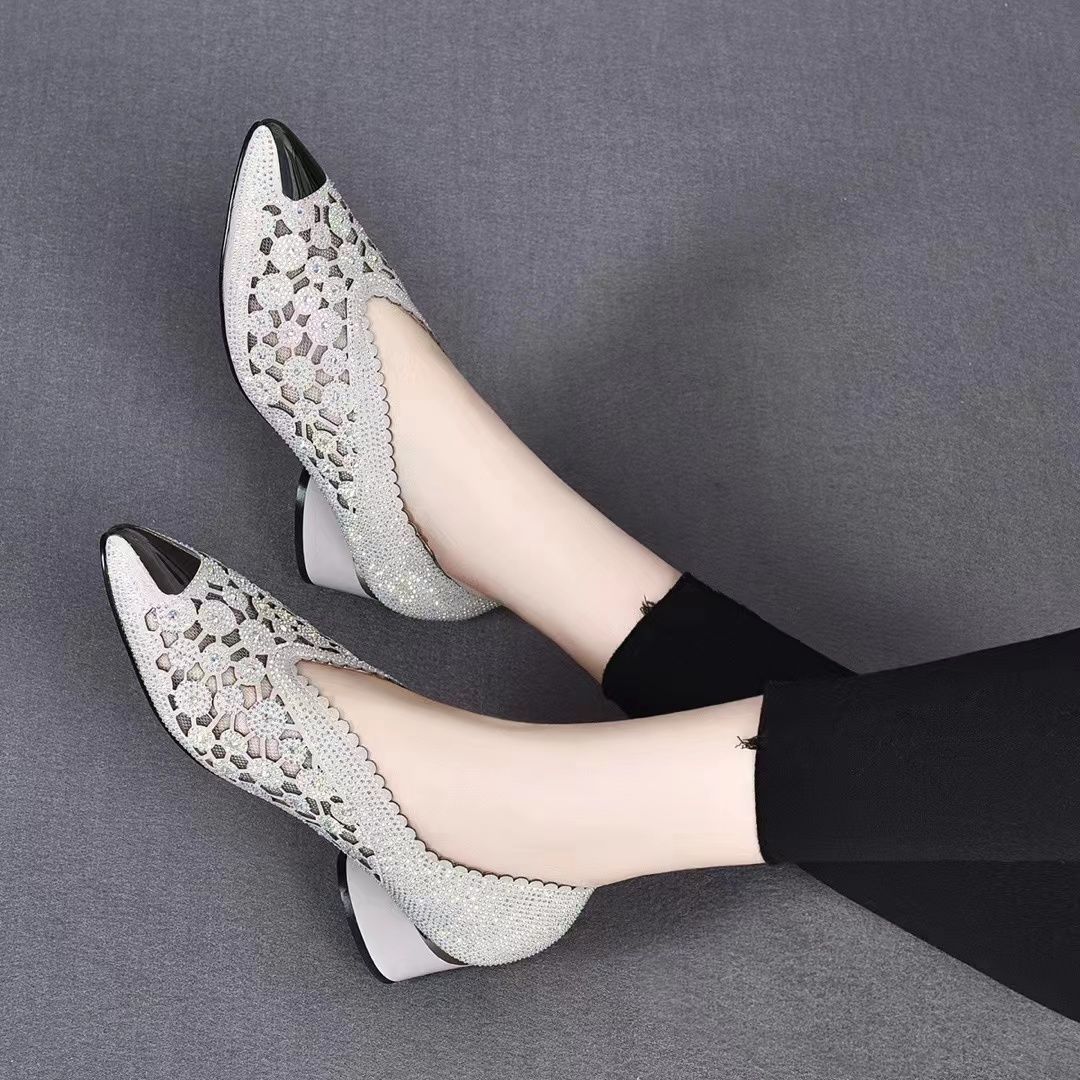 Women's Fashion Hollow Diamond Chunky Heels【Wide Width】