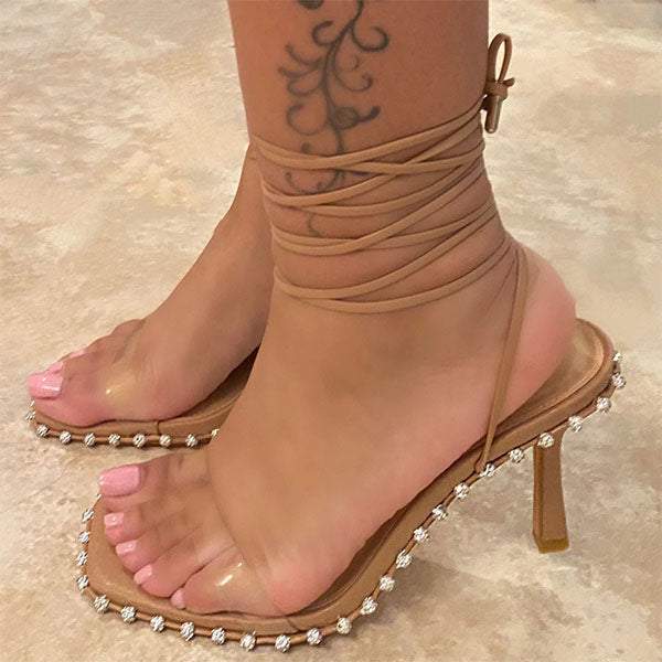 Rhinestone Square Toe Knotted Upper Low Heels