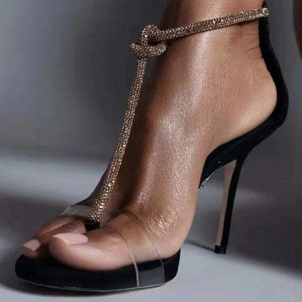 Sexy Crystal Rope Buckle Straps Back Zipper Heels
