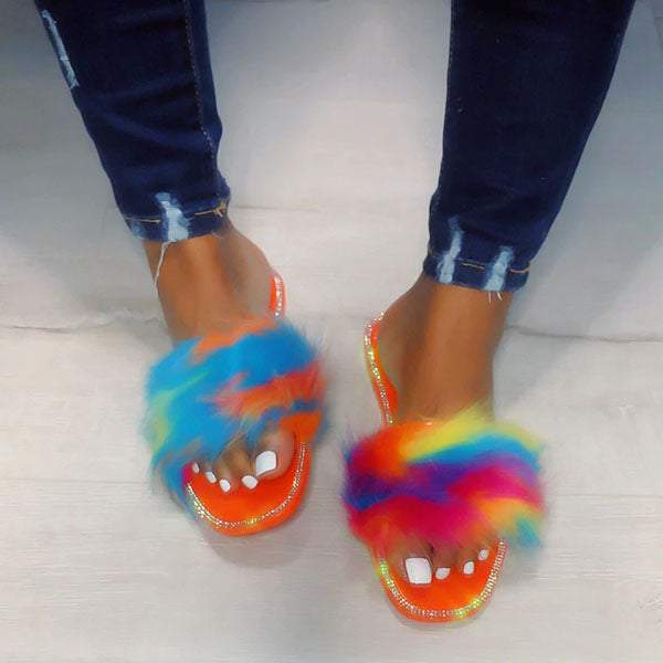 Jelly Faux Fur Strap Slip-on Slippers